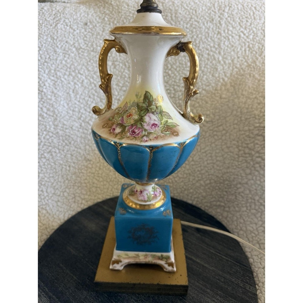 Vtg French Sevres Style Porcelain Urn Lamp Blue Floral Gold Signed Antique Decor - Picture 4 of 12